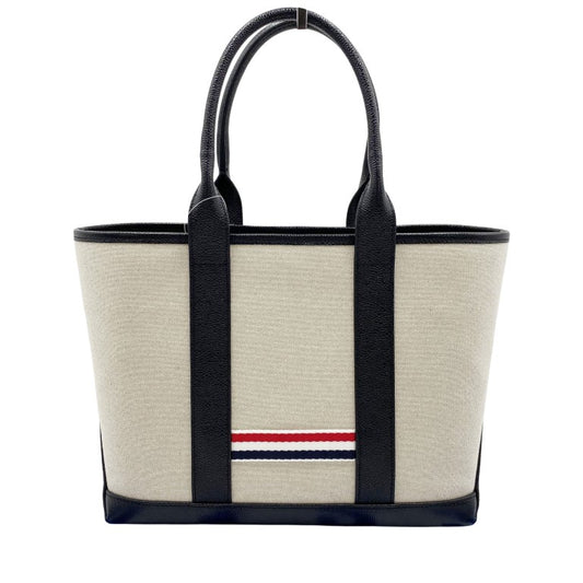 THOM BROWNE トム ブラウン ハンドバッグ スモール ツール トートバッグ MAG390AF0492 001 ベージュ ブラック キャンバス レザー ユニセックス 美品