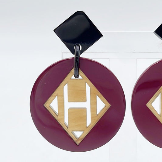 HERMES エルメス ピアス Hモチーフ パープル系 ブラウン系 バッファローホーン ラッカーウッド レディース