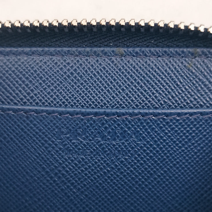 PRADA プラダ コインケース トライアングルロゴ 2MM003 ブルー ブラック ホワイト系 SAFFIANO BAIADE ユニセックス ラウンドファスナー シルバー金具 ストライプ 三角ロゴ 超美品