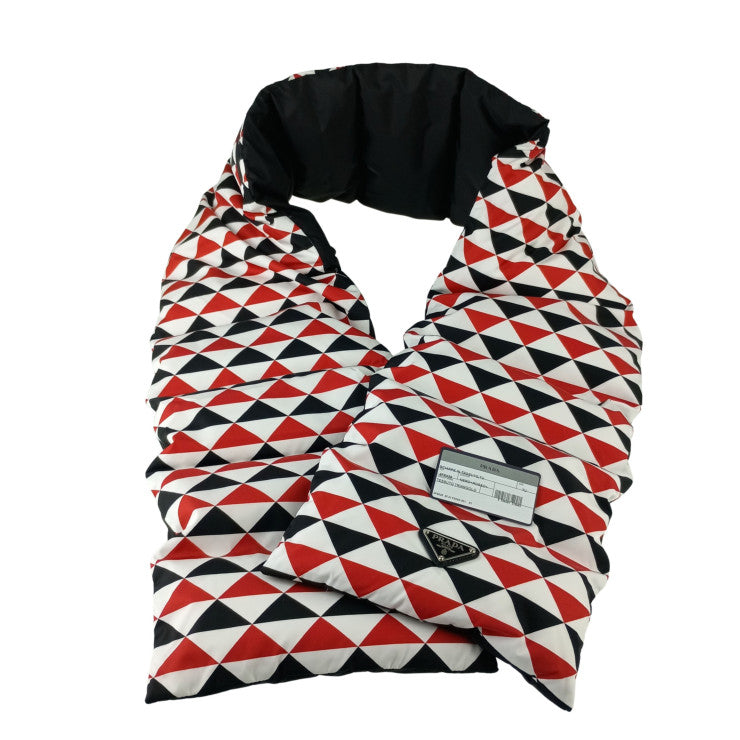 PRADA プラダ マフラー リナイロン パデッド スカーフ 2FS028 ブラック×ホワイト×レッド ナイロン 中綿(ダウン 90%、フェザー 10%) ユニセックス フード付き 超美品