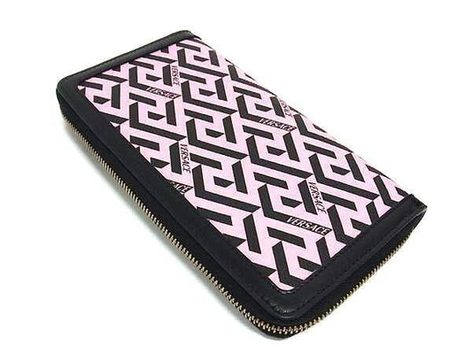 VERSACE ヴェルサーチ 財布 グレカ ピンク ブラック レザー レディース ラウンドファスナー 長財布 ゴールド金具 美品