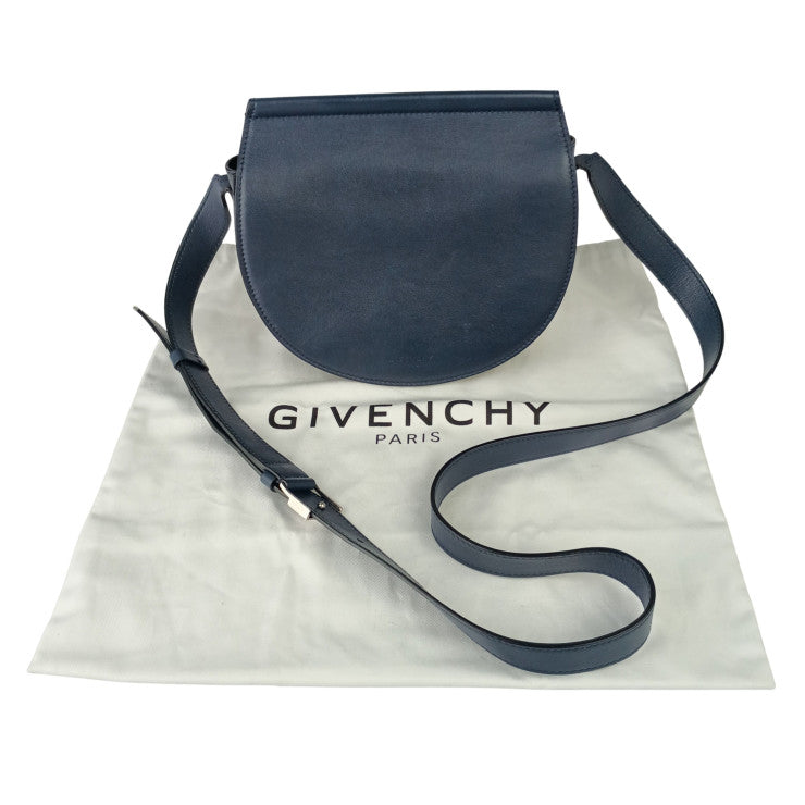 GIVENCHY ジバンシィ ショルダーバッグ インフィニティミニサドルバッグ ネイビー系 カーフレザー レディース ハンドバッグ チェーンモチーフ シルバー金具 美品