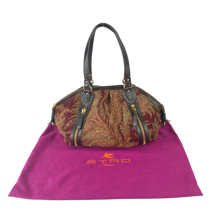 ETRO エトロ ハンドバッグ ペイズリー ダブルファスナー 1C382 5980 ボルドー系 ジャカード × レザー レディース ゴールド金具 ミニボストン 美品
