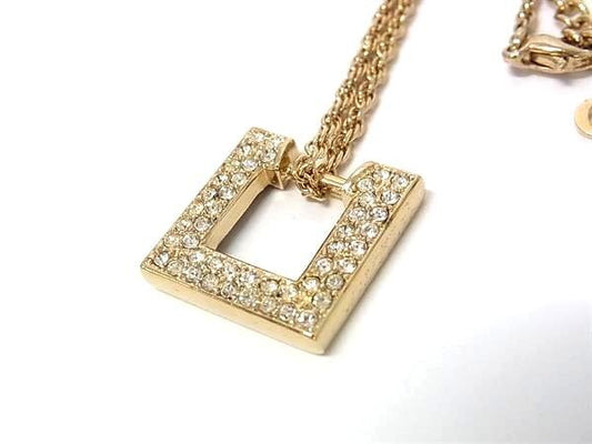Christian Dior ディオール ペンダント チェンジトップ ネックレス イヤリング セット ゴールド系 メタル ラインストーン レディース スクエア 美品