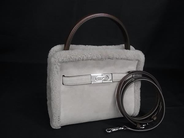TORY BURCH トリーバーチ ハンドバッグ リー ラジウィル プチ ダブルバッグ グレージュ系 スエード × ボア レディース スモール 2WAY ショルダーバッグ 超美品