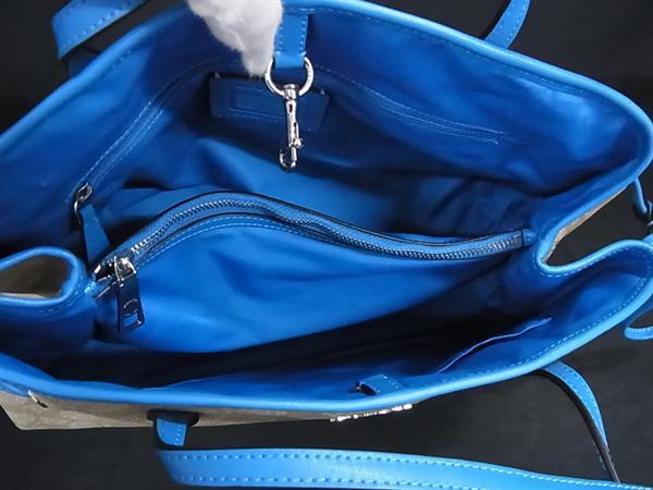 COACH コーチ ハンドバッグ シグネチャー F57842 ライトベージュ ブルー PVC レザー レディース 美品