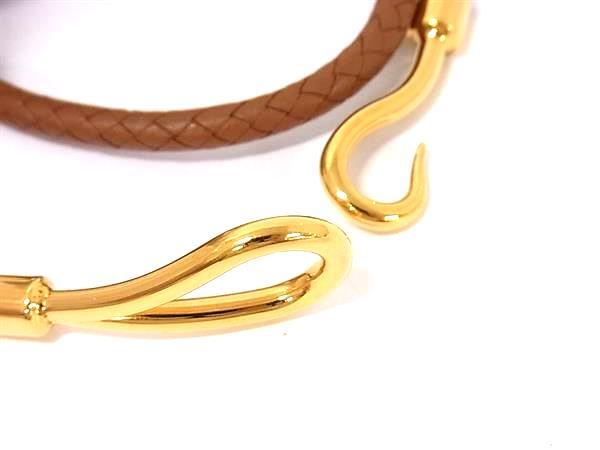 HERMES エルメス チョーカー ジャンボ ブラウン レザー メタル ユニセックス 編み込み ゴールド金具 2連 ブレスレット 美品