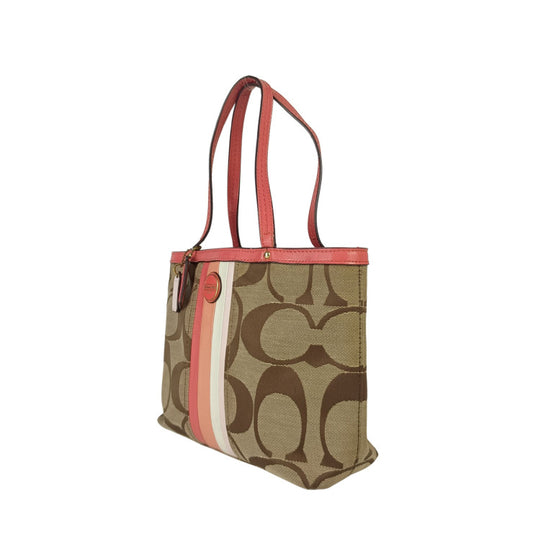 COACH コーチ ハンドバッグ シグネチャー ストライプ ミニトート F49315 ベージュ系 ピンク系 キャンバス レザー レディース ゴールド金具