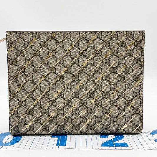 GUCCI グッチ クラッチバッグ GGスプリーム 774345 ゴールド×ベージュ系 PVC×レザー ユニセックス ゴールド金具 超美品