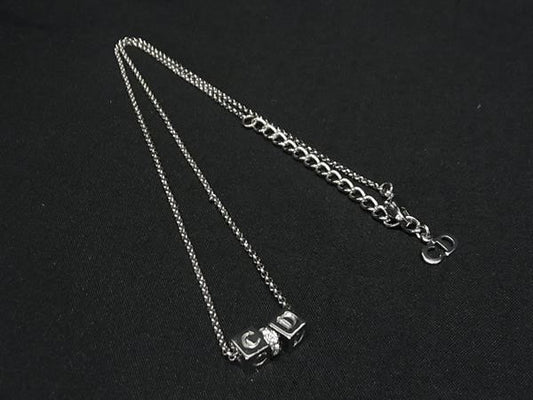 Christian Dior クリスチャンディオール ネックレス ロゴ キューブ シルバー系 メタル ラインストーン レディース 美品