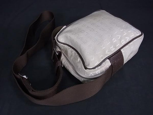 美品 BVLGARI ブルガリ ショルダーバッグ ロゴマニア クロスボディバッグ 22653 ベージュ ブラウン シルバー金具 キャンバス レザー レディース ポシェット