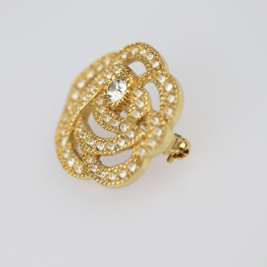 美品 Christian Dior クリスチャンディオール ピンブローチ ブローチ - メタル ラインストーン ゴールド フラワー ローズ 薔薇 バラ コサージュ