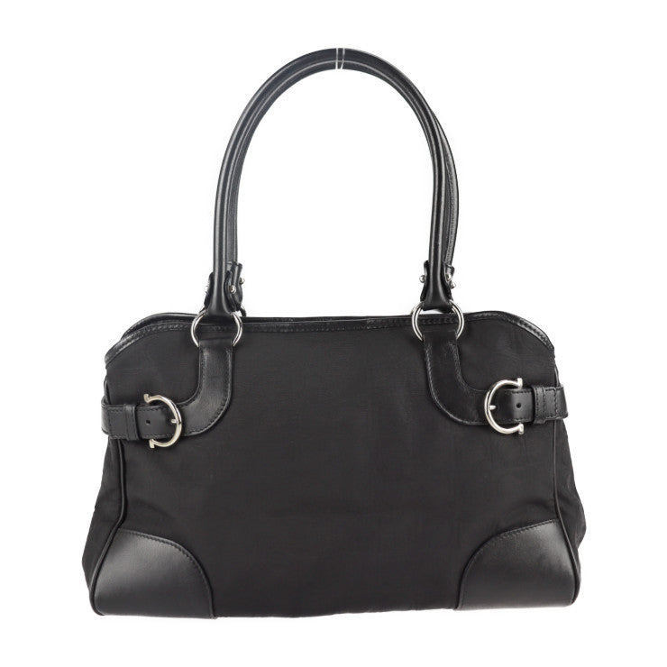 美品 Salvatore Ferragamo サルヴァトーレ フェラガモ ガンチーニ ハンドバッグ 21 4911 キャンバス レザー ブラック シルバー金具 ショルダーバッグ