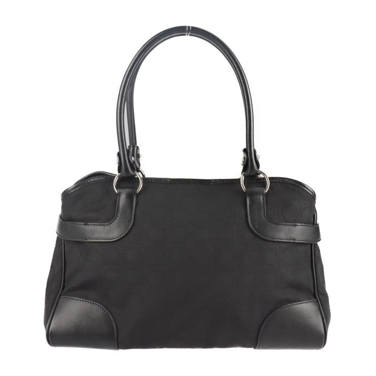 美品 Salvatore Ferragamo サルヴァトーレ フェラガモ ガンチーニ ハンドバッグ 21 4911 キャンバス レザー ブラック シルバー金具 ショルダーバッグ