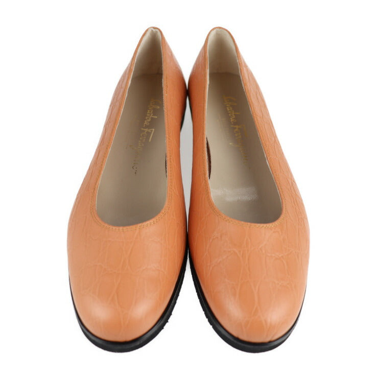 超美品 Salvatore Ferragamo サルヴァトーレ フェラガモ フラットシューズ パンプス #7C クロコ型押しレザー オレンジベージュ系 参考サイズ23.5cm