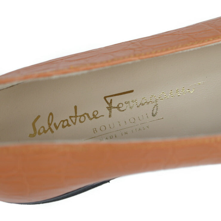 超美品 Salvatore Ferragamo サルヴァトーレ フェラガモ フラットシューズ パンプス #7C クロコ型押しレザー オレンジベージュ系 参考サイズ23.5cm