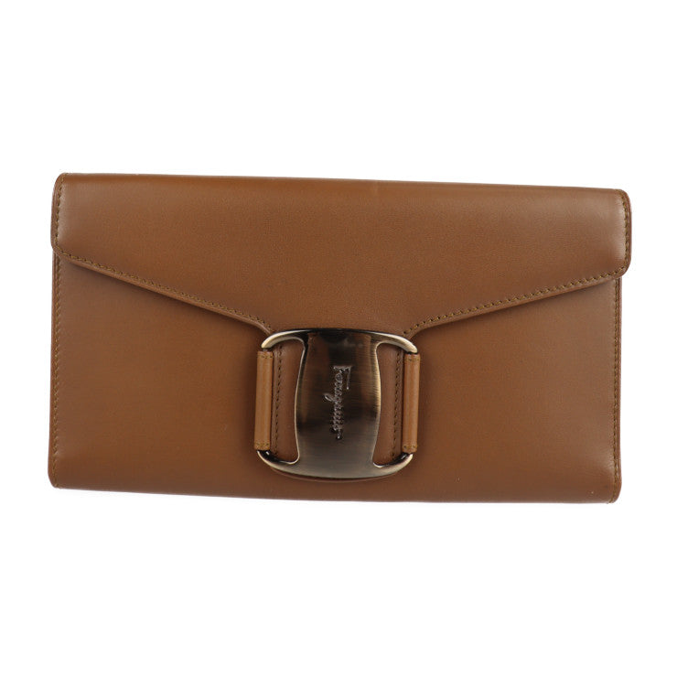 超美品 Salvatore Ferragamo サルヴァトーレ フェラガモ ヴァラ 長財布 22 8067 レザー ブラウン フラップ 三つ折り財布
