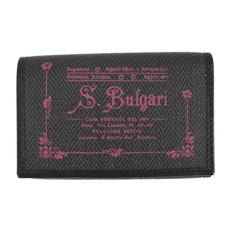 美品 BVLGARI ブルガリ コレツィオーネ キーケース 32439 PVCコーティングキャンバス レザー グレー ブラック ピンク シルバー金具 三つ折り 6連