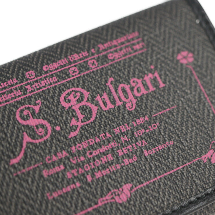 美品 BVLGARI ブルガリ コレツィオーネ キーケース 32439 PVCコーティングキャンバス レザー グレー ブラック ピンク シルバー金具 三つ折り 6連
