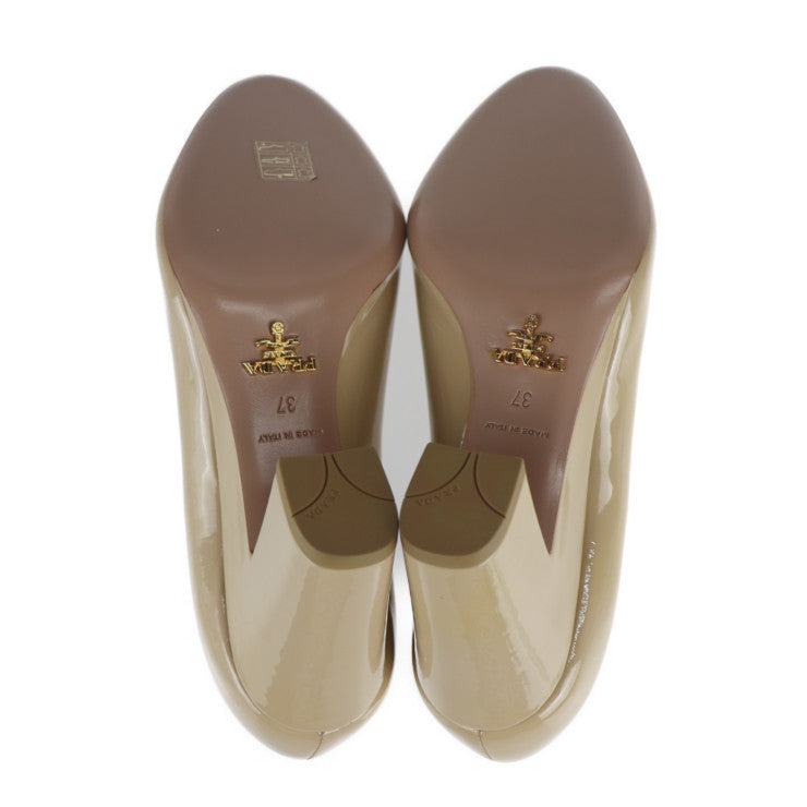 超美品 PRADA プラダ オープントゥ パンプス パンプス #37 パテントレザー ベージュ系 チャンキーヒール 参考サイズ約24cm