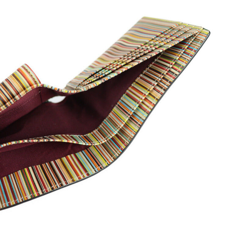超美品 Paul Smith ポールスミス INSIDE MULTI EMBOSS WALLET インサイド マルチ エンボス 二つ折り財布 P074 カーフレザー ブラック マルチカラー コンパクトウォレット ストライプ