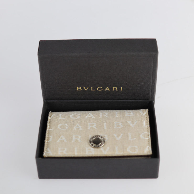 超美品 BVLGARI ブルガリ 名刺入れ カードケース 26549 キャンバス ピッグスキン ベージュ チョコレート ロゴマニア 二つ折り