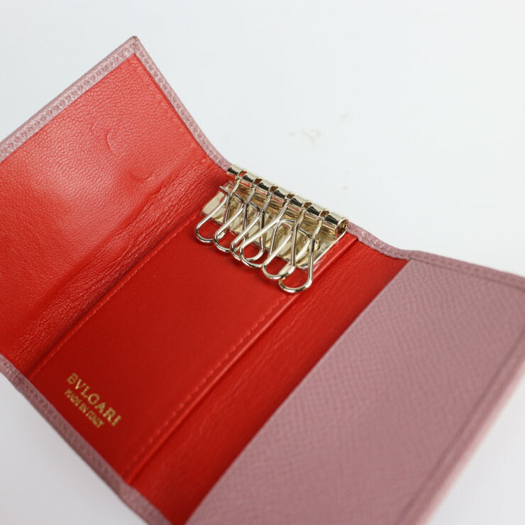 超美品 BVLGARI ブルガリ ブルガリブルガリ キーケース 282865 グレインカーフレザー ダークピンク系 レッド系 ゴールド金具 ロゴクリップ 6連 三つ折り