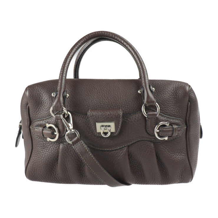 超美品 Salvatore Ferragamo サルヴァトーレ フェラガモ ガンチーニ ハンドバッグ 21 6878 レザー ダークブラウン シルバー金具 2WAY ショルダーバッグ ミニボストン