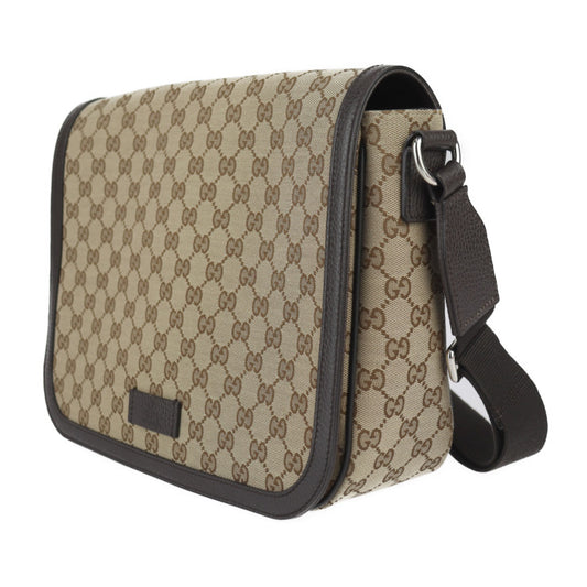 美品 GUCCI グッチ ショルダーバッグ GGキャンバス メッセンジャーバッグ 449171 キャンバス レザー ベージュ ブラウン シルバー金具 フラップ クロスボディ