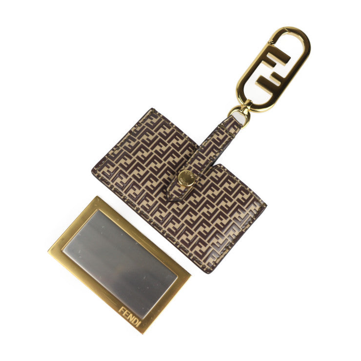 新古未使用展示品 FENDI フェンディ ミラーホルダー マイクロFF キーホルダー 7AS049 レザー ブラウン ゴールド金具 バッグチャーム