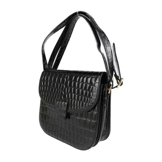 YVES SAINT LAURENT イヴ サンローラン 2WAYバッグ ショルダーバッグ - クロコ調型押しレザー ブラック ゴールド金具 ハンドバッグ ヴィンテージ