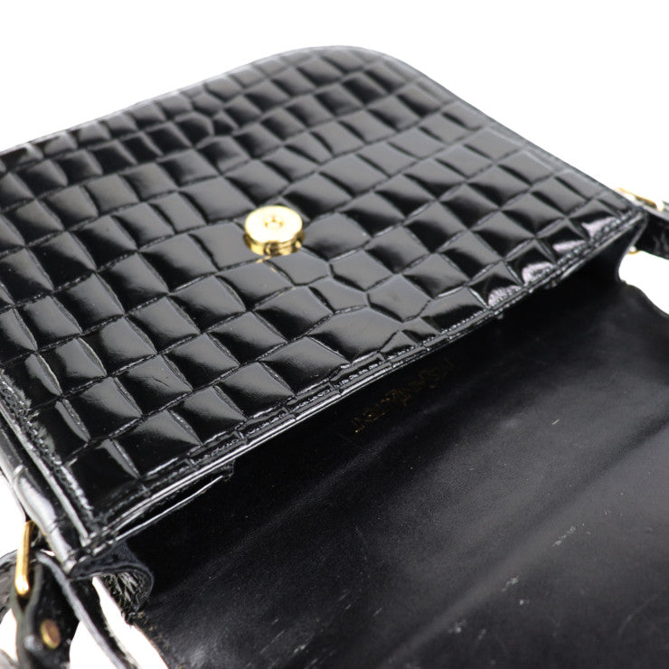 YVES SAINT LAURENT イヴ サンローラン 2WAYバッグ ショルダーバッグ - クロコ調型押しレザー ブラック ゴールド金具 ハンドバッグ ヴィンテージ