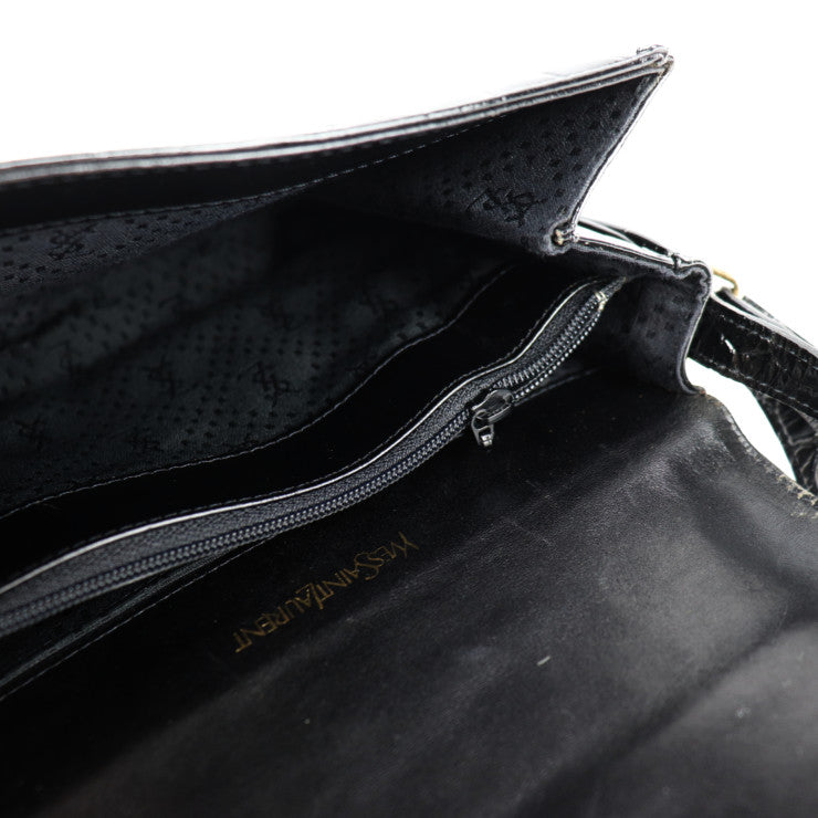 YVES SAINT LAURENT イヴ サンローラン 2WAYバッグ ショルダーバッグ - クロコ調型押しレザー ブラック ゴールド金具 ハンドバッグ ヴィンテージ