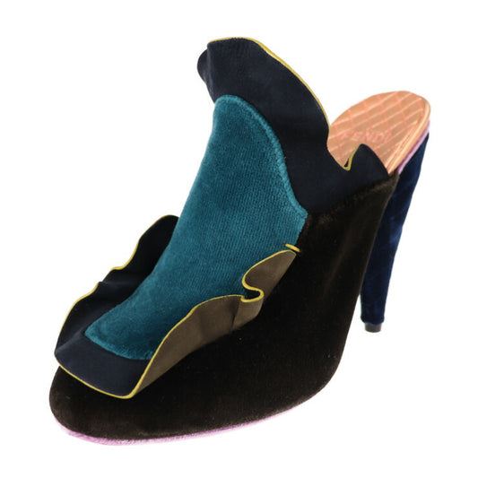 新品未使用展示品 FENDI フェンディ シューズ サンダル - 表記サイズ 36 1/2 ベルベット ブラック ブルー グリーン ミュール フリル 参考サイズ 23.5cm