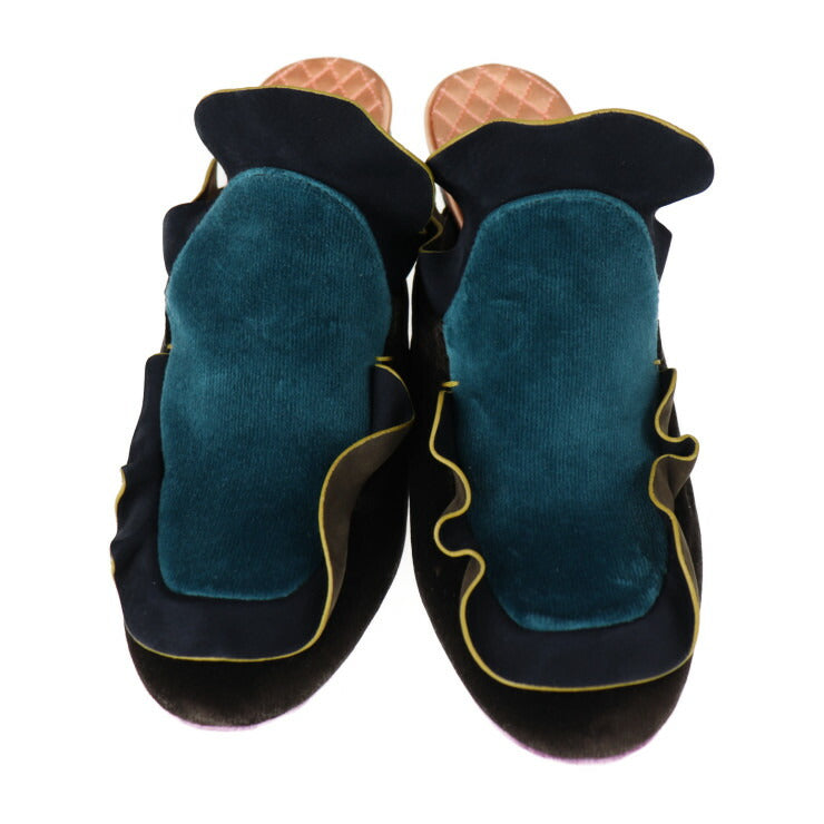 新品未使用展示品 FENDI フェンディ シューズ サンダル - 表記サイズ 36 1/2 ベルベット ブラック ブルー グリーン ミュール フリル 参考サイズ 23.5cm