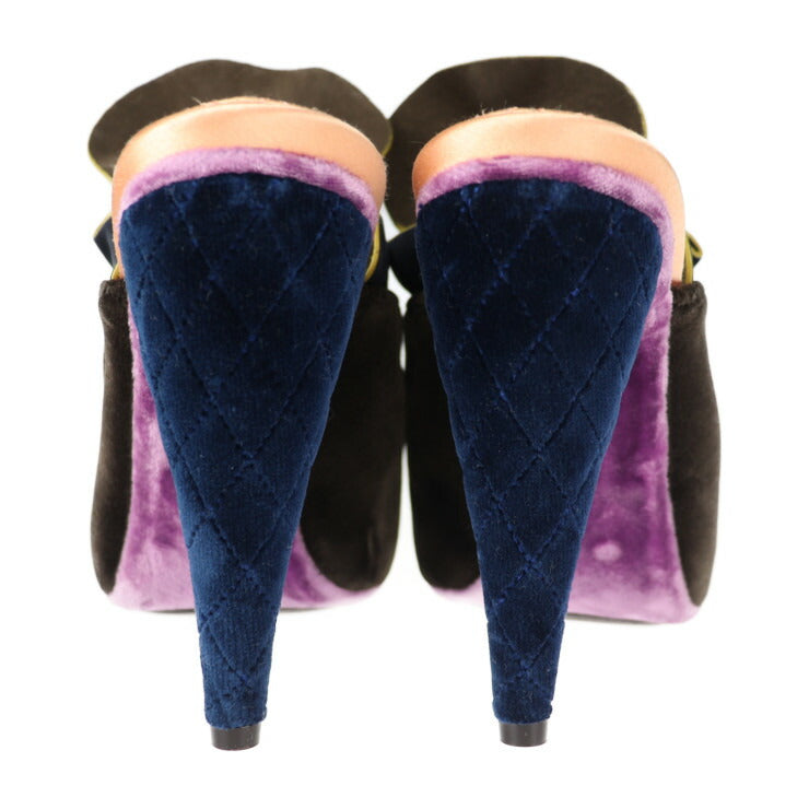 新品未使用展示品 FENDI フェンディ シューズ サンダル - 表記サイズ 36 1/2 ベルベット ブラック ブルー グリーン ミュール フリル 参考サイズ 23.5cm