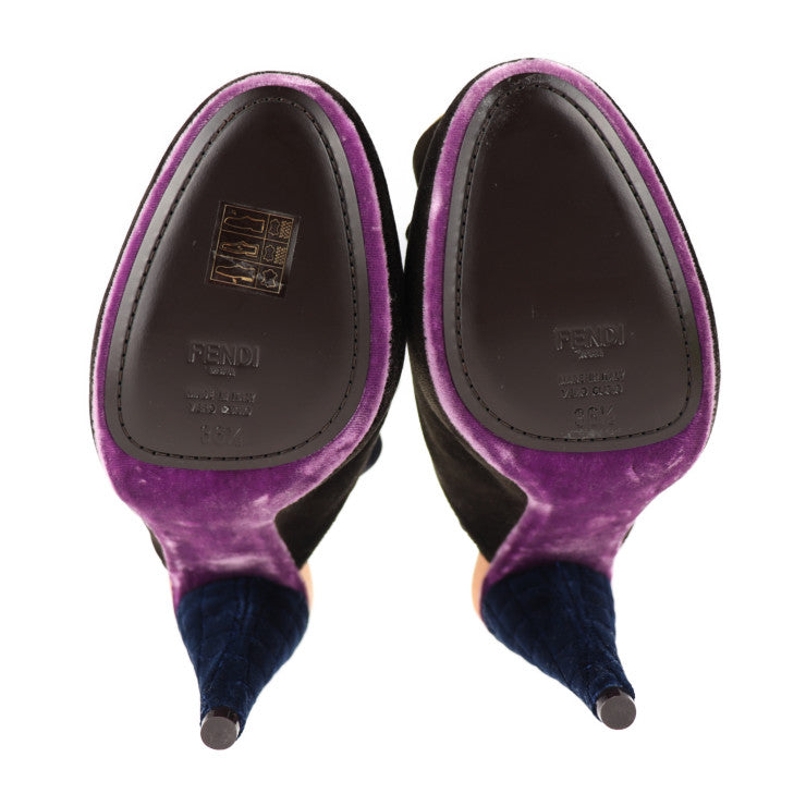 新品未使用展示品 FENDI フェンディ シューズ サンダル - 表記サイズ 36 1/2 ベルベット ブラック ブルー グリーン ミュール フリル 参考サイズ 23.5cm