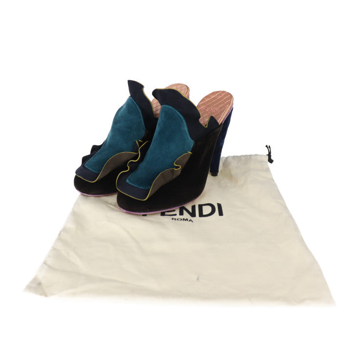 新品未使用展示品 FENDI フェンディ シューズ サンダル - 表記サイズ 36 1/2 ベルベット ブラック ブルー グリーン ミュール フリル 参考サイズ 23.5cm