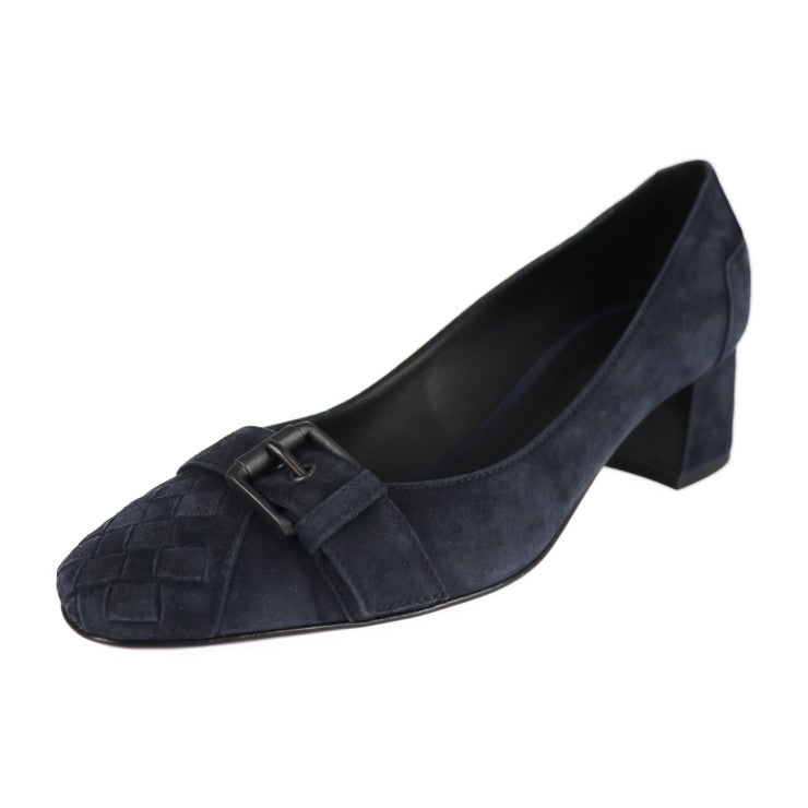 新古未使用展示品 BOTTEGAVENETA ボッテガヴェネタ イントレチャート パンプス 表記サイズ 35 1/2 スウェード ネイビー スエード ベルト 参考サイズ22.5cm