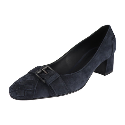 新古未使用展示品 BOTTEGAVENETA ボッテガヴェネタ イントレチャート パンプス 表記サイズ 35 1/2 スウェード ネイビー スエード ベルト 参考サイズ22.5cm