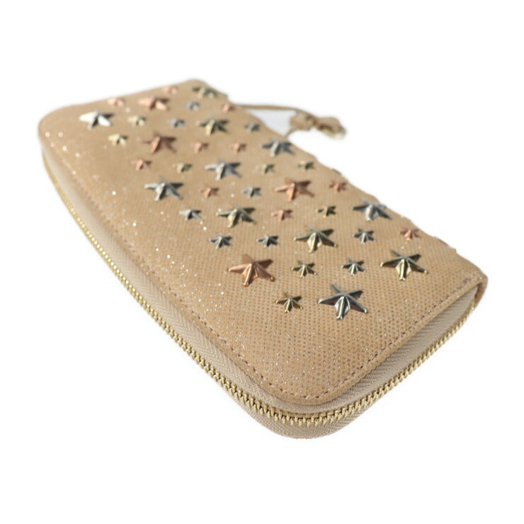 美品 JIMMY CHOO ジミーチュウ FILIPA フィリパ 長財布 MXU161 レザー NUDE ベージュ系 ROSE GOLDMETALLIC MIX スタースタッズ ラウンドファスナー