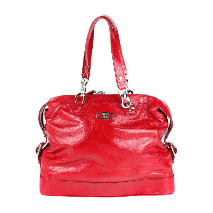 美品 CELINE セリーヌ ショルダーバッグ トリオンフ ハンドバッグ 131703 シワ加工 パテントレザー レッド シルバー金具 トートバッグ エナメル