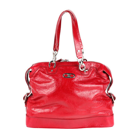 美品 CELINE セリーヌ ショルダーバッグ トリオンフ ハンドバッグ 131703 シワ加工 パテントレザー レッド シルバー金具 トートバッグ エナメル