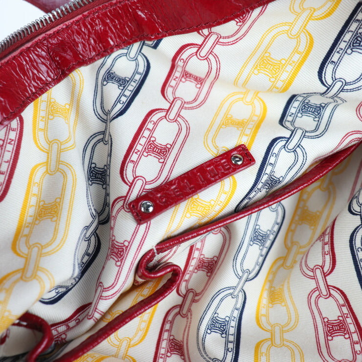 美品 CELINE セリーヌ ショルダーバッグ トリオンフ ハンドバッグ 131703 シワ加工 パテントレザー レッド シルバー金具 トートバッグ エナメル