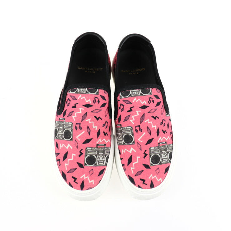 新品未使用展示品 SAINT LAURENT サンローラン シューズ スリッポン 585739 1GT10 6170 表記サイズ 37 キャンバス ピンク系 ブラック ホワイト 参考サイズ 24ｃｍ