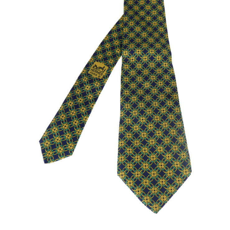 美品 HERMES エルメス ネクタイ ネクタイ 801 MA シルク ネイビー イエロー グリーン 総柄 メンズ アパレル 小物