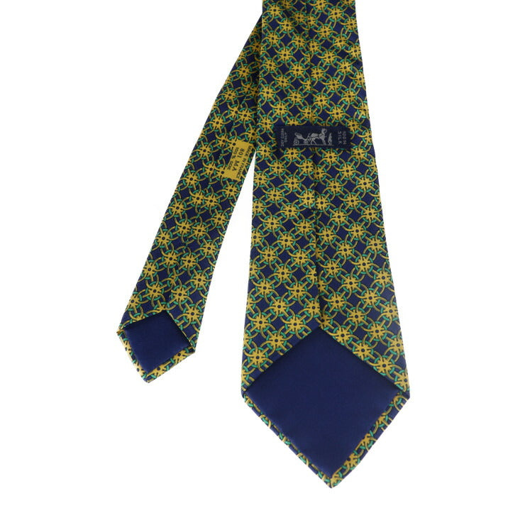 美品 HERMES エルメス ネクタイ ネクタイ 801 MA シルク ネイビー イエロー グリーン 総柄 メンズ アパレル 小物