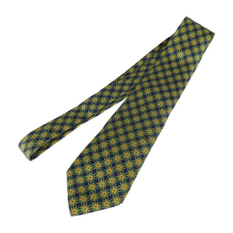 美品 HERMES エルメス ネクタイ ネクタイ 801 MA シルク ネイビー イエロー グリーン 総柄 メンズ アパレル 小物