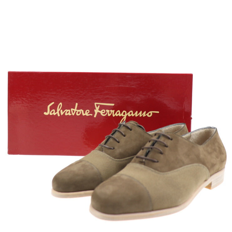 新古未使用展示品 Salvatore Ferragamo サルヴァトーレ フェラガモ レースアップシューズ 表記サイズ 4 1/2 スウェード キャンバス カーキ系 ブラウン系 ストレートチップ 参考サイズ約22cm スエード