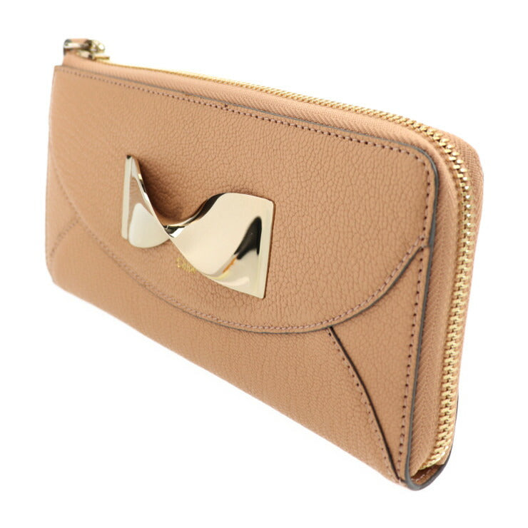 超美品 Chloe クロエ ツイステッドボウ 長財布 3P0762 レザー ベージュ系 ゴールド金具 L字ファスナー リボンモチーフ